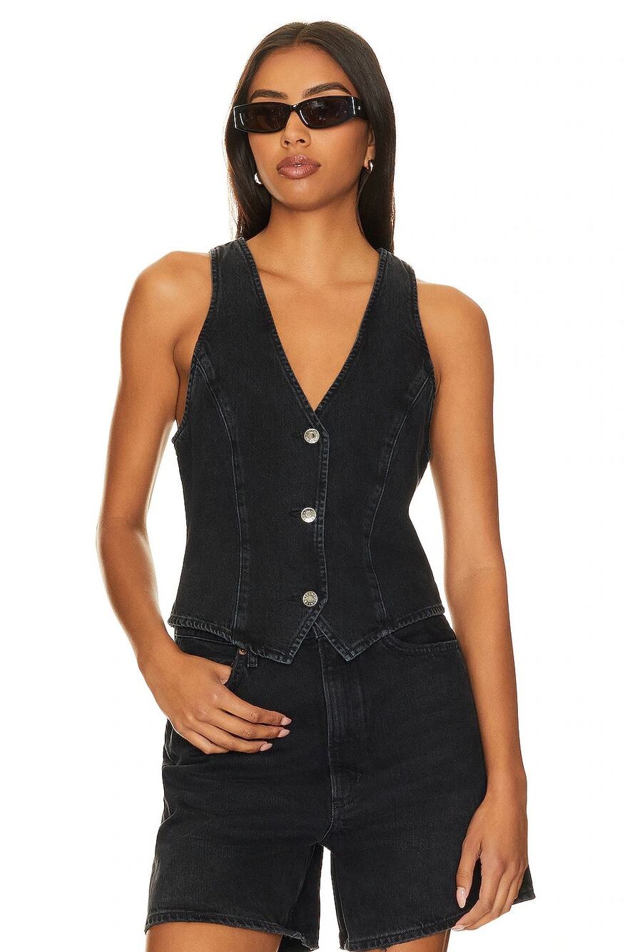 Agolde Heller Sleeveless Black Denim Button Front Structured Vest Spider XS